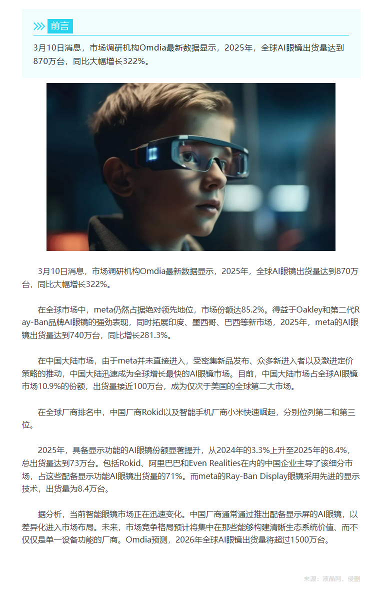 「行业新闻」Omdia：2025年全球AI眼镜出货量同比增长超300%.png